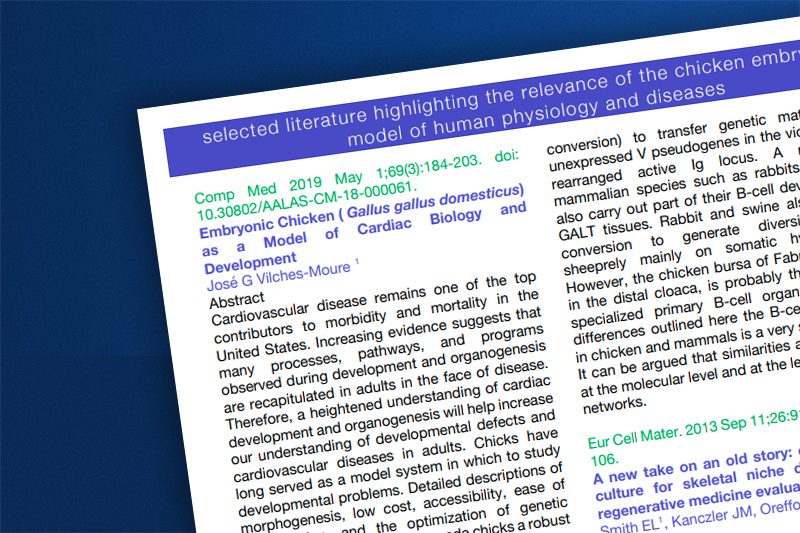 Selected literature highlighting the relevance of the chicken embryo as amodel of human physiology and diseases